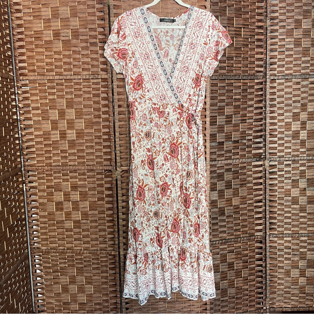 Zesica Floral Wrap Maxi Dress V-neckline, Boho Hippie Cottagecore, Size L. - Picture 5 of 13